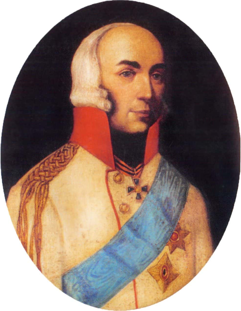 Painted portrait of a Russian general in dark uniform with epaulettes, medals and sash