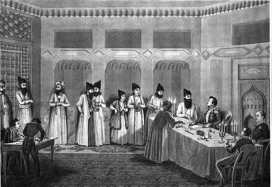 Painted interior with Russian and Persian delegations seated around a table signing a document