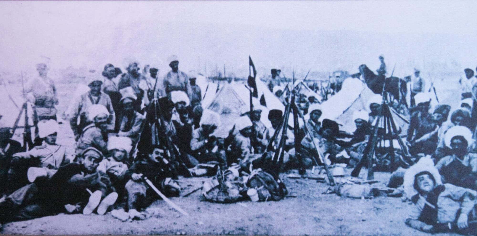 Wide black and white photograph of soldiers in rows beside field guns on open ground