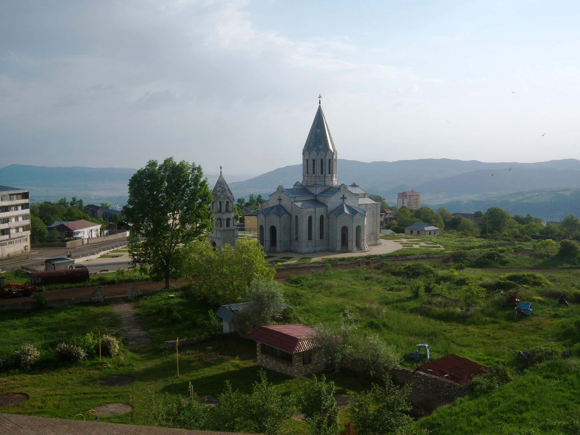 The Ghazanchetsots cathedral of Shushi seen across rooftops, photographed in 2014