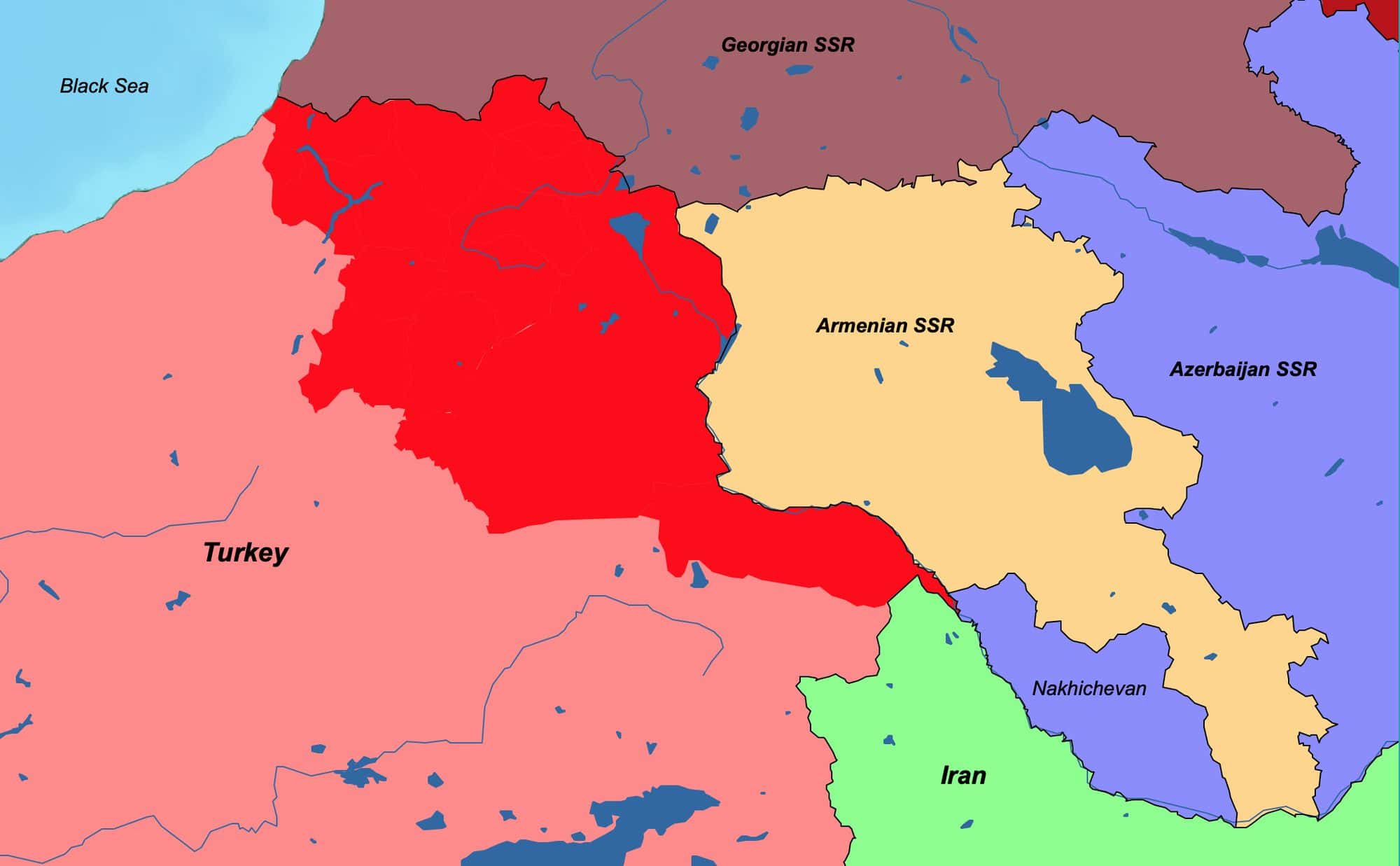 Colour map of the eastern Turkish and southern Caucasus border region with the treaty line marked