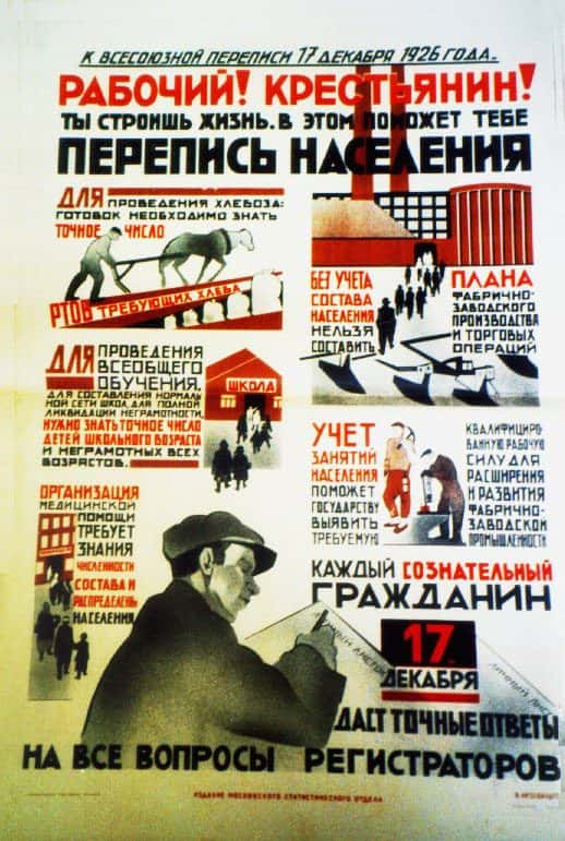 Russian constructivist poster in red, black and cream, showing a man writing at a desk and factory motifs
