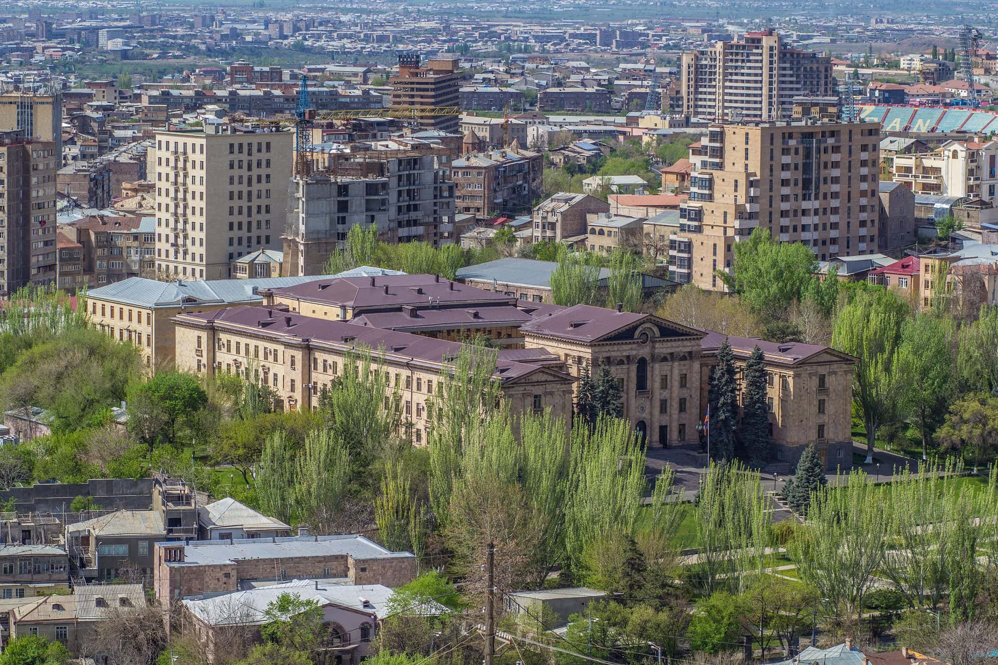 Aerial photograph of the National Assembly building of Armenia and its grounds in Yerevan