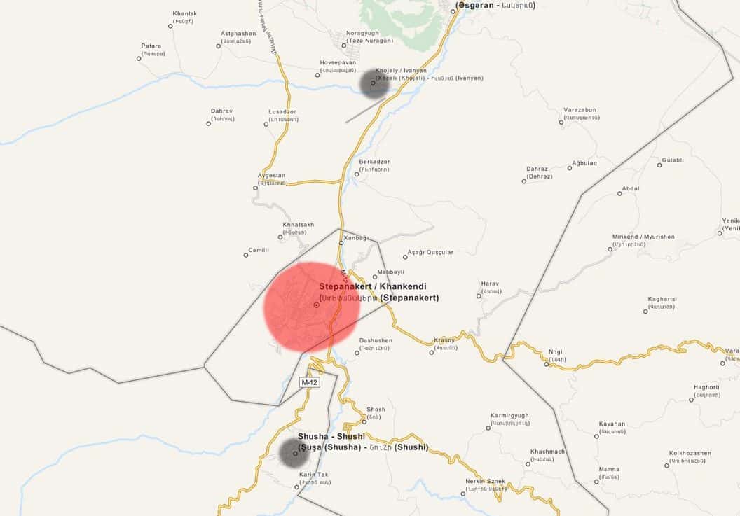 Topographic map of Stepanakert and its surroundings marked to show the positions of the siege