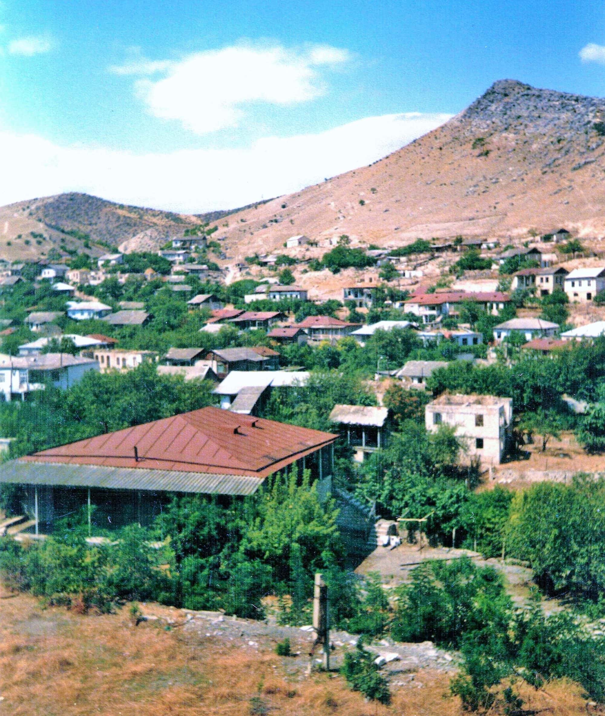 View over the town of Martakert in northern Artsakh, photographed in 2002
