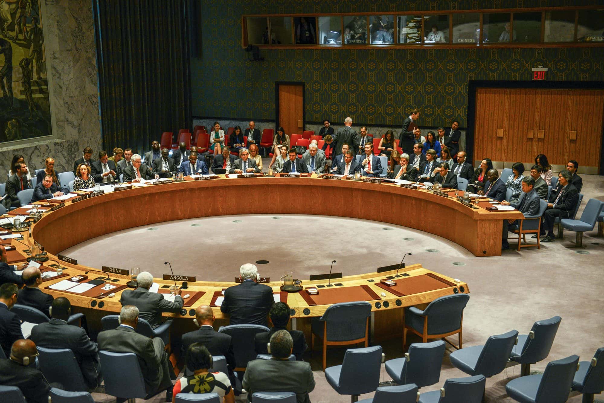 Members of the United Nations Security Council seated at the horseshoe table during a formal session