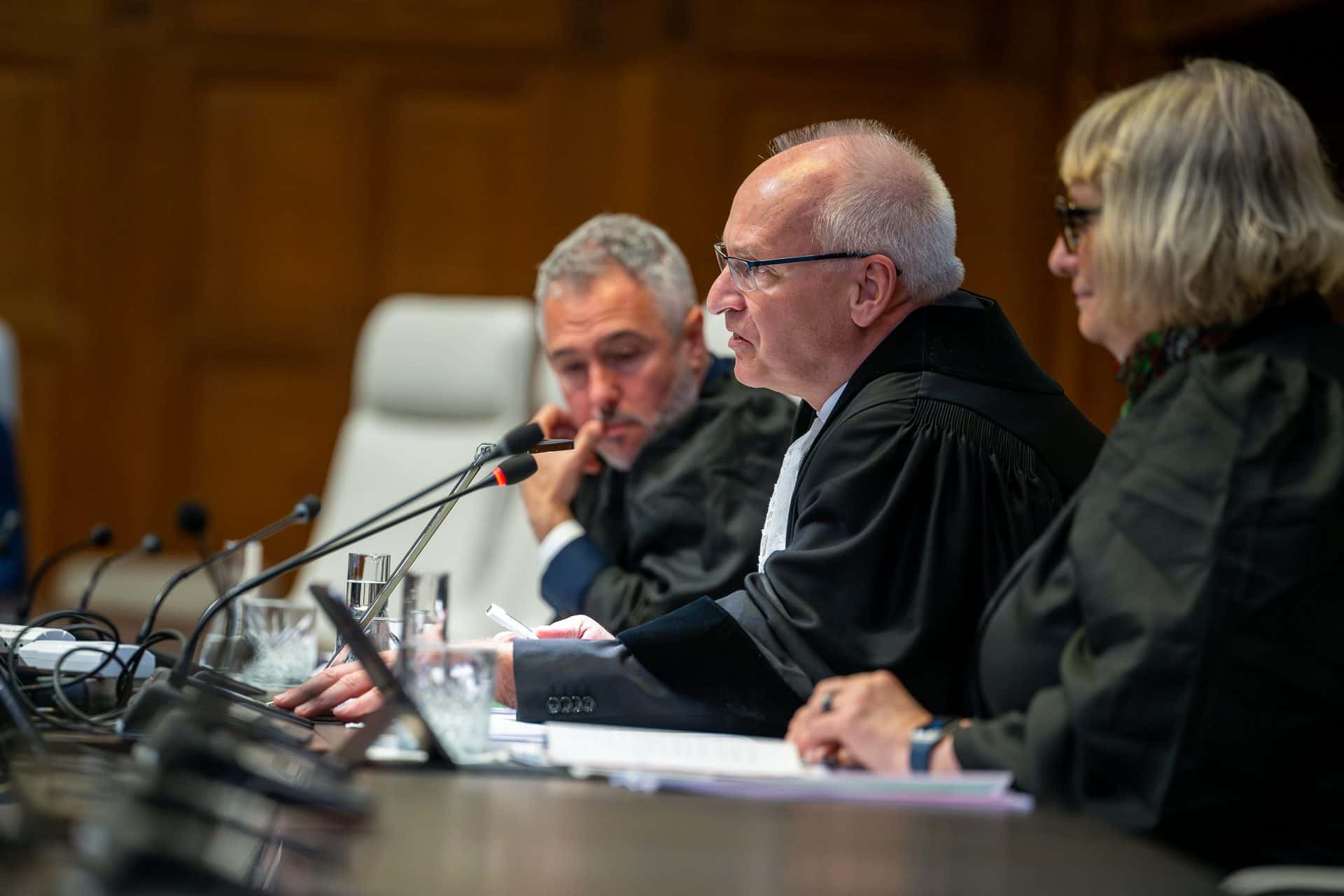 Interior of the courtroom of the International Court of Justice with the judges' bench