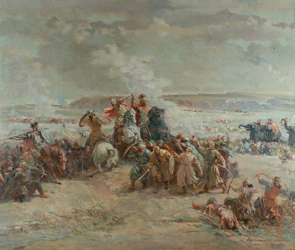 Painted battle scene with armoured Armenian horsemen and spears clashing on an open plain