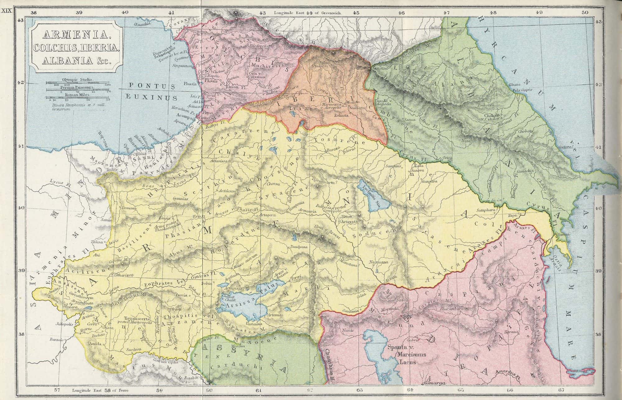 Engraved historical atlas map in colour showing Armenia and neighbouring ancient regions with rivers and provinces