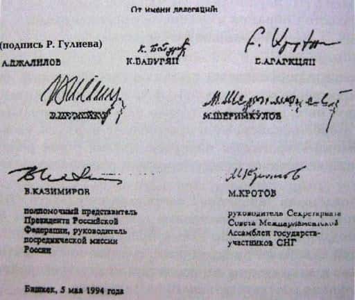 Scan of the signatures at the foot of the Bishkek Protocol of May 1994