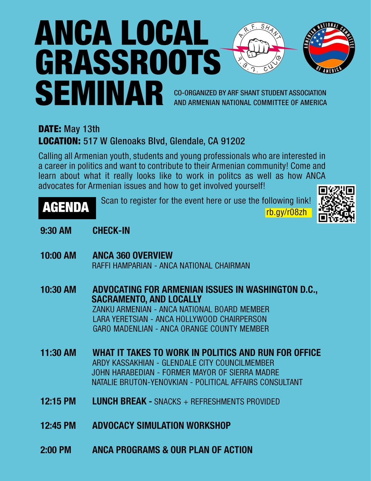 Poster for the ANCA Local Grassroots Seminar in Glendale, co-organized by the ARF Shant Student Association and the Armenian National Committee of America, listing a full day of Armenian advocacy sessions.